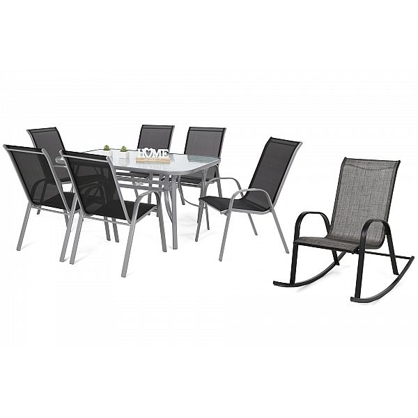 Металеві садові меблі Sevilla 150 см Silver / Black 6+1 з кріслом Sevilla Black / Grey Melange