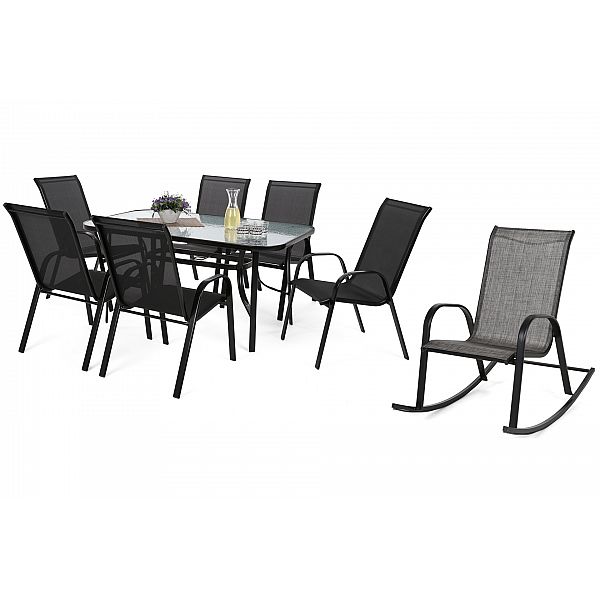 Металеві садові меблі Sevilla 150 см Black / Black 6+1 з кріслом Sevilla Black / Grey Melange