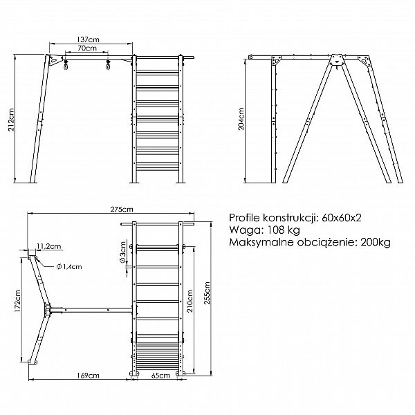 Гімнастична драбина Marbo Sport PREMIUM MO-016 + одномісна гойдалка МО-017