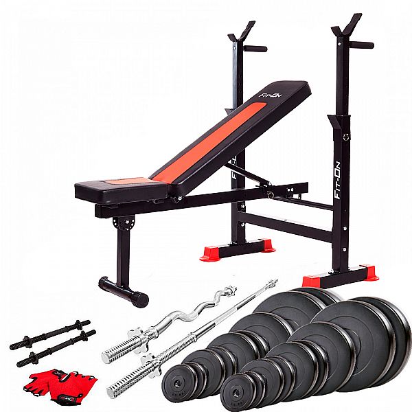 Скамья тренировочная Fit-On FN-S101 + штанга и гантели 135кг