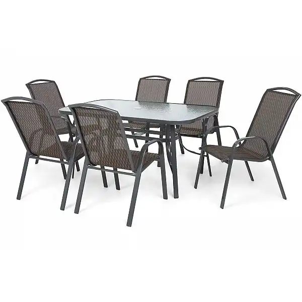 Металеві садові меблі Sevilla 150 см Atlanta Grey / Brown Triangles 6+1 з кріслом Sevilla Black / Grey Melange