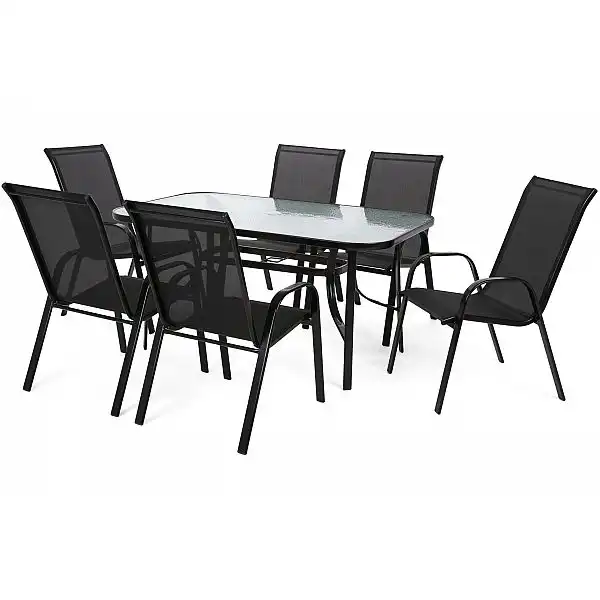 Металеві садові меблі Sevilla 150 см Black / Black 6+1 з кріслом Sevilla Black / Grey Melange
