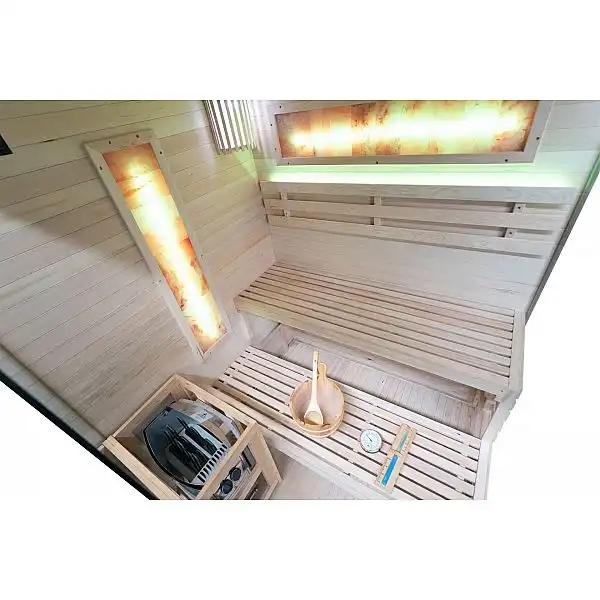 EP3CS Серая угловая финская сауна с соляными панелями