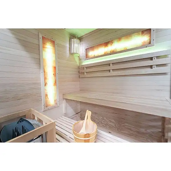 EP3CS Серая угловая финская сауна с соляными панелями